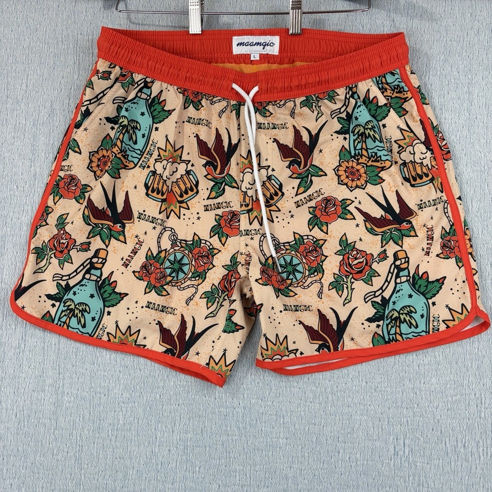 Maamgic Men's Swim Trunks, Adjustable Waist, Lining, Orange All Over Print Large